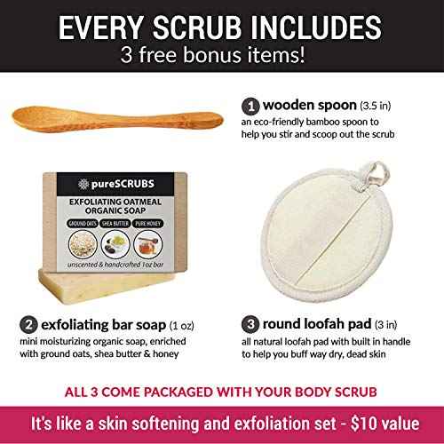 pureSCRUBS Premium Coconut Body Scrub Set - Large 16oz Dead Sea Salt Body Scrub With Infused Essential Oils & Nutrients, Includes Wooden Spoon, Loofah & Oatmeal Exfoliating Bar Soap