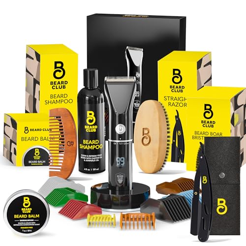 The Beard Club Men's Grooming Kit with Professional Cordless Electric Rechargeable Hair & Mustache/Beard Trimmer, Straight Edge Razor, Shampoo, Balm, Brush & Comb Gift Set