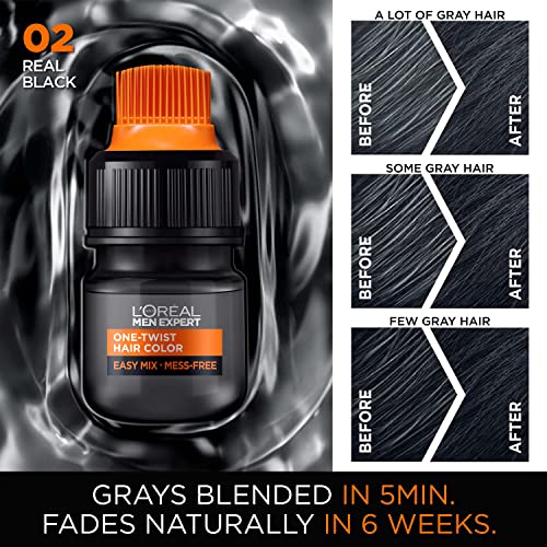 L¡¯Oreal Paris Men Expert One Twist Mess Free Permanent Hair Color, Mens Hair Dye to Cover Grays, Easy Mix Ammonia Free Application, Real Black 02, 1 Application Kit