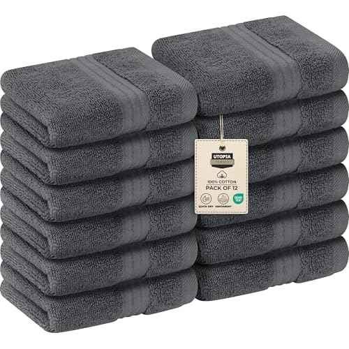 Utopia Towels 12 Pack Premium Wash Cloths Set, 12 by 12 Inches, 100% Cotton Ring Spun, Highly Absorbent and Soft Feel Washcloths for Bathroom, Spa, Gym, and Face, Grey