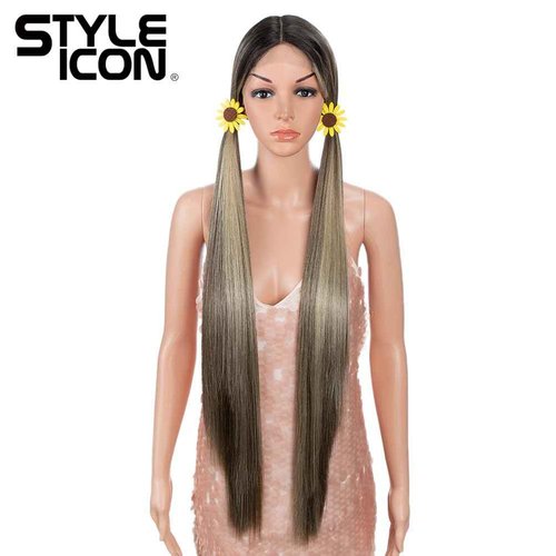 Style Icon 38" Super Long Straight Wigs 6" Deeper Middle Part Lace Lace Front Wigs Ombre Brown Synthetic Wig (38", NTSN4/UN8/12R)