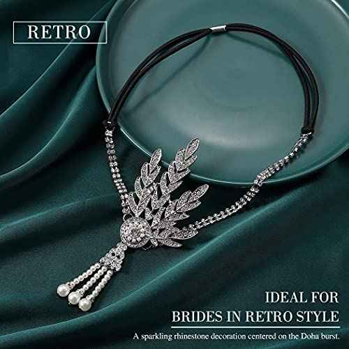 GORTIN 1920's Flapper Headband Leaf Rhiestones Headpiece Pearl Tassel Head Bands Bridal Flapper Hair Accessories Head Chain for Women (Sliver)