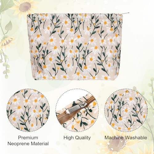 Cosmetic Bags Embroidery Daisy Flower Makeup Bag Large Travel Canvas Make Up Organizer Tool Pouch Cute Floral Cosmetic Bag Portable Purse Zipper Storage Toiletry Essential Pouch for Women Girls Gifts