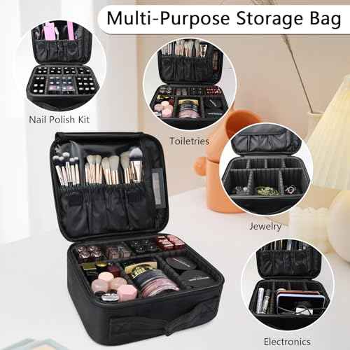 Travel Makeup Bag Makeup Cosmetic Train Case Organizer Portable Storage Bag with Adjustable Dividers for Cosmetics Makeup Brushes Toiletry Jewelry Black