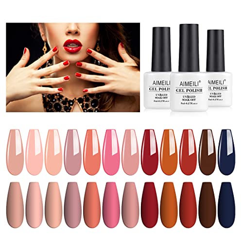 AIMEILI Soak Off U V LED Hema Free Fall Gel Nail Polish Set for Halloween Nail Art Gifts, Cruelty Free, Vegan, Wine Brown Neutral Gel Nail Polish Set Of 12pcs - Kit Set 4