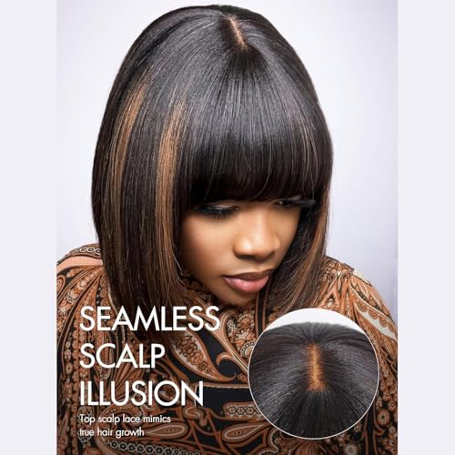Bob Wig with Bangs Human Hair Glueless HD Lace Straight Short Bob Wig with Brown Highlights, Ready to Go Short Wigs For Women £¨12 Inch bob wig£©
