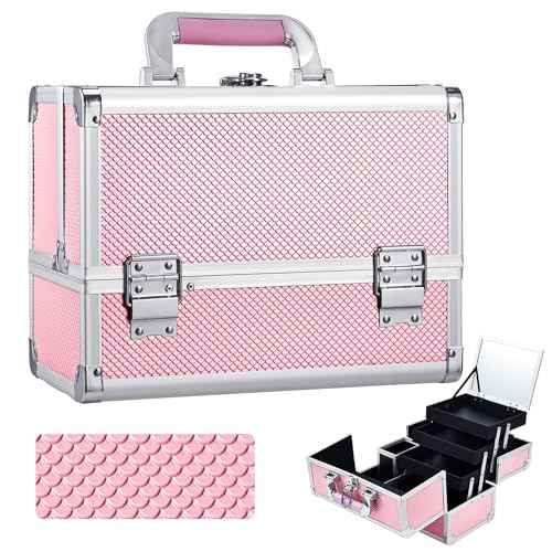 Joligrace Makeup Train Case Cosmetic Box 11.8 Inches Jewelry Organizer Professional 3 Tiers Trays with Mirror and Brush Holder Lockable Key Portable Travel Mermaid Pink