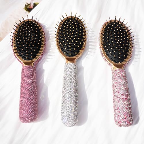 1 Pack Rhinestone Hair Brush Detangling Bling Detangle Massage Sparkle Compact Comb Crystal Air Cushion for Women Wet Dry (All Pink-Round)