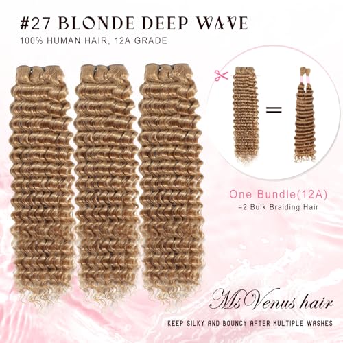 Honey Blonde Deep Wave Bundles Human Hair 12A Color #27 Blonde Curly Human Hair Bundles 16 18 20 Inch Colored Deep Wave Human Hair Extensions Double Weft Wet and Wavy Bundles