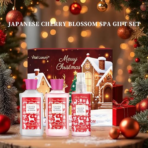 Christmas Bath and Body Gift Set - Luxurious Japanese Cherry Blossom Spa Kit with Gel, Lotion, Mist, a Warm Christmas Gift for Mom, Aunt, Girlfriend & Friends Who Loves Self-Care