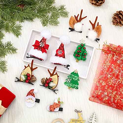 18 Pieces Christmas Hair Clips Christmas Organza Bags Set Hair Accessories Xmas Small Gifts Hairpins Jewelry Candy Gift Mini Drawstring Bags for Women Girls Winter Wedding Party