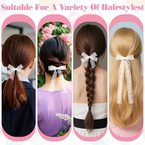 6 PCS White Lace Hair Bows with Long Tail Ribbons Metal Hair Clip with Long Tail Ribbon Bow Barrettes Alligator Hairpins Bride Wedding Gift Birthday for Women
