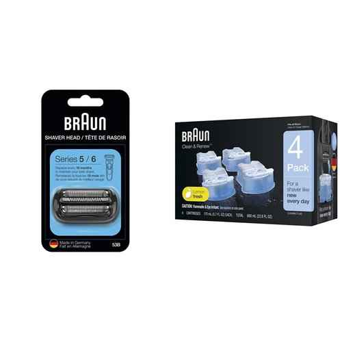 Braun Series 5 and 6 New Generation Electric Shaver Replacement Head - 53B - Compatible with Razors 5020s, 5018s, 5050cs, 6020s, 6075cc, 6072cc & Clean & Renew Refill Cartridges CCR - 4 Pack