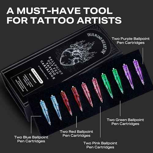 Inlumino Heart Ink Ballpoint Dot Pen Tattoo Cartridges for Tattoo Practice on Paper. 10 0.5mm Tattoo Cartridges for Beginners to Learn How to Tattoo - 2 Pink, 2 Red, 2 Purple, 2 Blue & 2 Green
