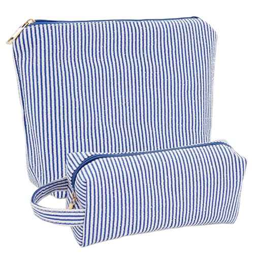 2 Pcs Makeup Bag, Toiletry For Women Cosmetic Bags Quilted Set Striped Preppy Make Up Pouch Gingham (Blue)
