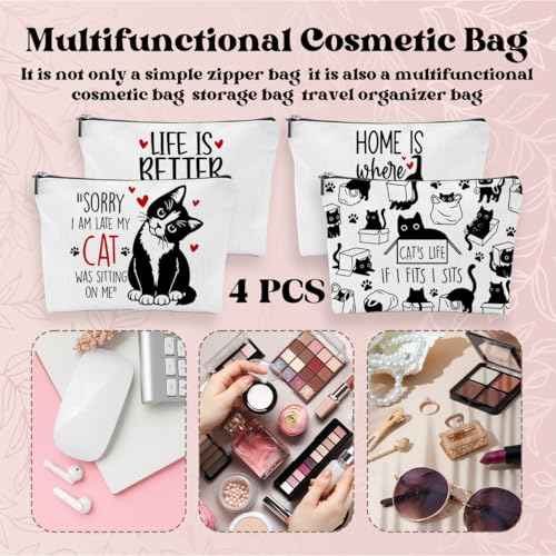 4 Pcs Black Cats Cosmetic Bags Set, Cute Animal Cosmetic Bags With Zipper Travel Toiletry Pouches for Women Friend Coworker Sister Thanksgiving Christmas Birthday Friendship Gifts