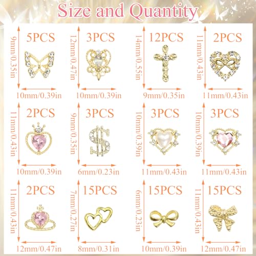 80PCS Gold Nail Charms 12 Shapes Gold Heart Nail Charm 3D Butterfly Nail Charms Alloy Gold Nail Crosses Shiny Money Sign Nail Charms Crystal Pink Planet Charms for Women Nail Art Decoration