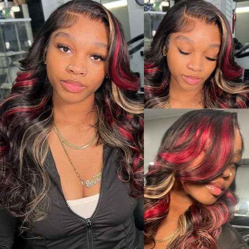 MARRY MOON 13x6 Burgundy Lace Front Wigs Glueless Pre Plucked Red Blonde Highlight Omber Lace Front Wigs 180% Density Wear and Go Wigs 22Inch