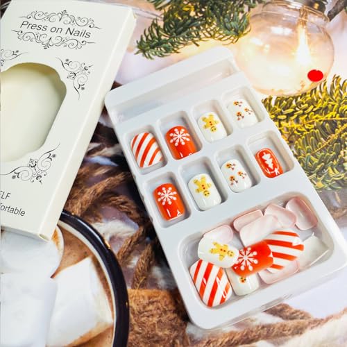 24Pcs Christmas Press on Nails Short Square Elk Fake Nails Full Cover Coffin Acrylic Nails Christmas Glue on nails with White Snowflakes Design Artificial False Nails for Women New Year Manicure Decor