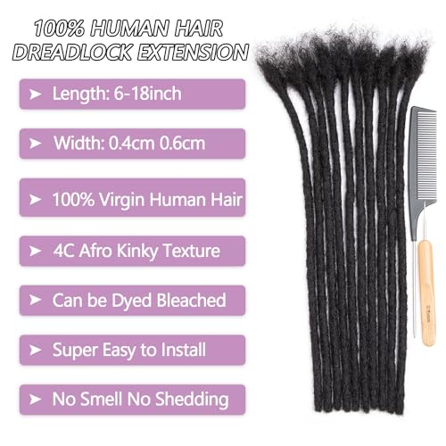 Originea Dreadlock Extensions Human Hair for Man/Women Full Head Handmade 0.8cm Thickness Can Be Dyed and Bleached Dreadlocks Bulk Permanent Loc Extensions (14 Inch 30 Strands, 1B# 0.4cm)