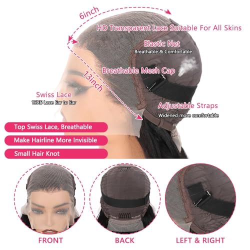 13X6 Lace Front Wigs Human Hair 22 Inch Body Wave Human Hair Wig HD Lace Frontal Glueless Wigs Human Hair Pre Plucked Bleached Knots with Baby Hair 180% Density Natural Color