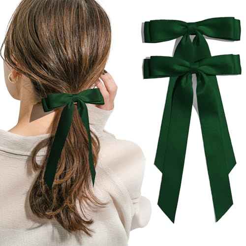 2PCS Dark Green Hair Bows Solid Satin Polyester Ribbon Bow Hair Clips Ponytail Big French Hair Barrettes with Long Tail Wedding Dress Decor Hair Accessories for Women Toddler Teen Girls