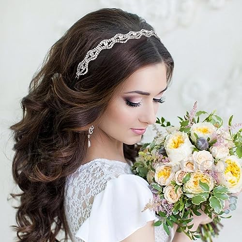 2pcs Elastic Rhinestone Headbands Sparkly Wave Head Chain Crown Alloy Disco Silver Crystal Hair Band Accessories for Wedding Prom First Communion Pageant Women Girls