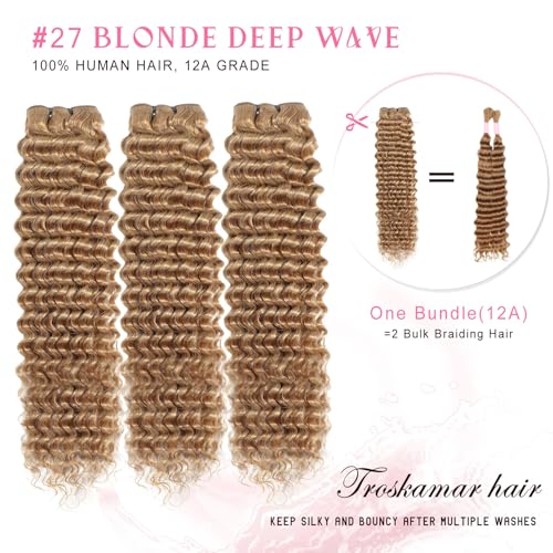 Honey Blonde Deep Wave Bundles Human Hair Color #27 Blonde Curly Bundle for Black Women 18 Inch Double Weft Colored Wet and Wavy Human Hair Bundle