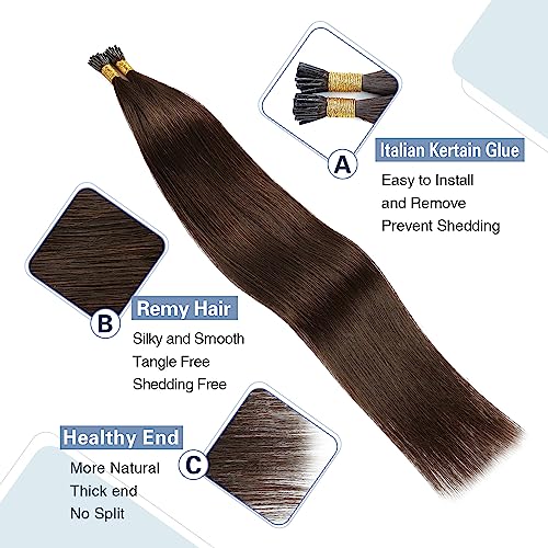 Sunya Brown I Tip Hair Extensions Human Hair 28 Inch #2 Dark Brown 50g/50Strands Straight I Tip Hair Extensions