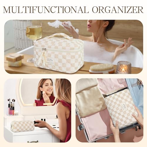 3Pcs Travel Makeup Bag Organizer, Toiletry Bag for Women, Cosmetic Bags for Women Travel Set, Cute Makeup Bags, Quilted Cosmetic Bag, Women's Quilted Toiletry Bag Storage