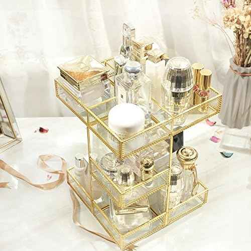 360 Degree Rotation Makeup Organizer Antique Countertop Cosmetic Storage Box Mirror Glass Beauty Display, Gold Spin Large Capacity Holder for Brushes Lipsticks Skincare Toner