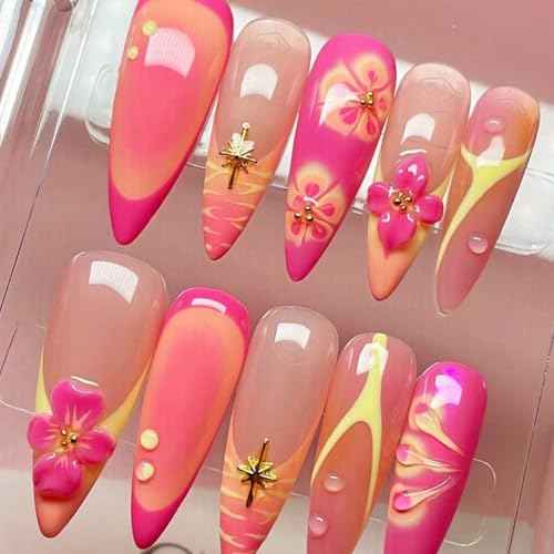 Long Press on Nails Almond Fake Nails White French Tip False Nails with 3D Flower Design Glue on Nails Acrylic Nails Glossy Full Cover Stick on Nails for Women 24Pcs