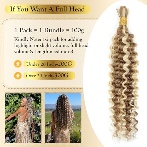 Highlighted Multi-Blonde Braiding Human Hair for Boho Knotless Braids, Ombre 27/613 Curly Braiding Hair Deep Wave Human Hair Bulk, No Weft Blonde Extensions 100G FULL BULK 24 Inch