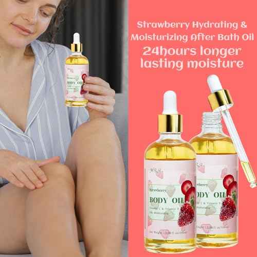 MR.A 2 Pack Strawberry Body Oil Juice Scented, Vitamin E Body Oil after Shower, Strawberry Shortcake Body Moisturizer Bath Oil for Dry Skin, Guasha Oil with Guasha Tool