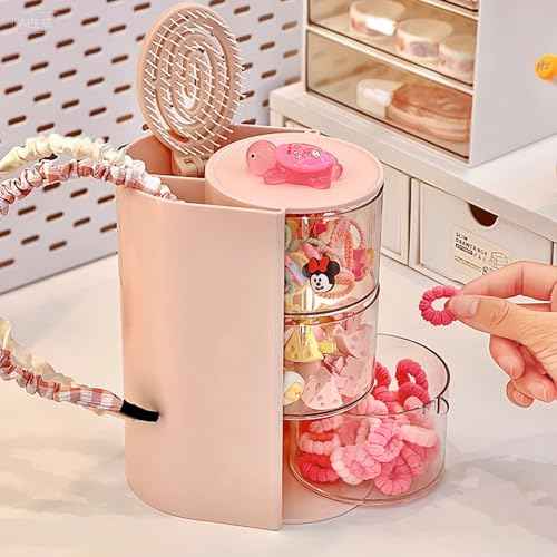 Hair Accessories Organizer with Hair Brush Holder, Rotatable Makeup Brush Holder for Necklaces, Earring, Bracelet, Ring, Makeup Brushes, Hair Clip and Hair Accessories (Pink, 3-Layer)