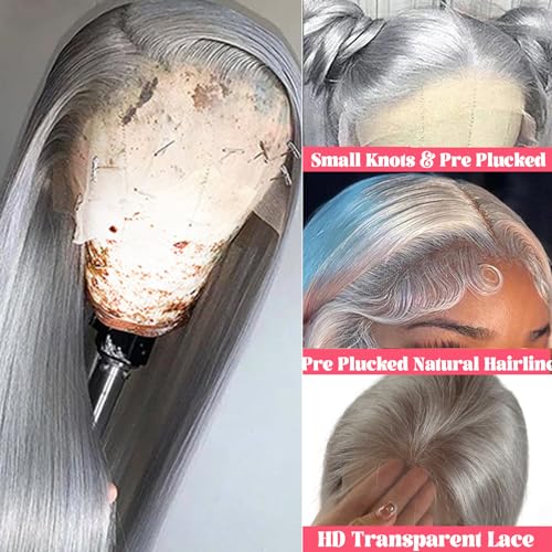 Smavida Grey Straight 13¡¿4 HD Transparent Lace Front Wigs Pre Plucked Silver Human Hair Wigs for Black Women 150 Density Grey 100% Brazilian Virgin Human Hair Wigs with Baby Hair Natural Hairline
