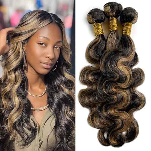 1B Ombre Bundles P1B/27 Two Tone Body Wave Human Hair Bundles Highlight Natural Black and Honey Blonde Weave Double Weft Brazilian Human Hair Extensions 18/20/22 Inch