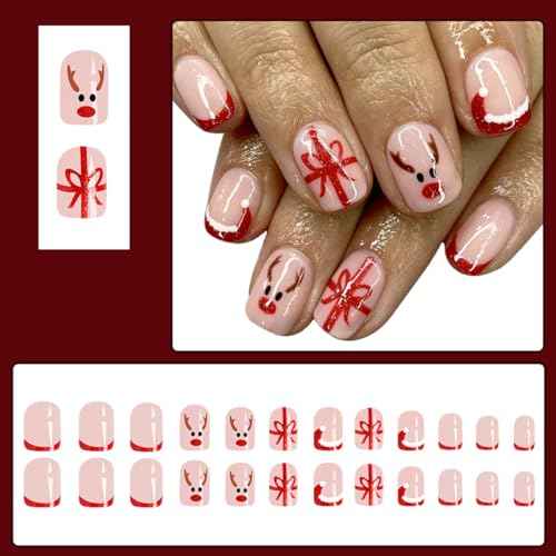 24 Pcs Christmas Press on Nails Short Square - SHANRUN Xmas Pink Fake Nails Press ons Nail Art Tip Glue on Nails Full Cover Artificial Acrylic False Nails Stick on Nails Red Hat French Gift Box Design