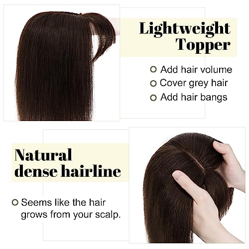 SEGO Hair Toppers for Women With Bangs Real Human Hair, 130% Density 10 * 12CM Silk Base Clip in Top Wiglet Hairpieces for Thinning Hair-10 Inch 02 Dark Brown