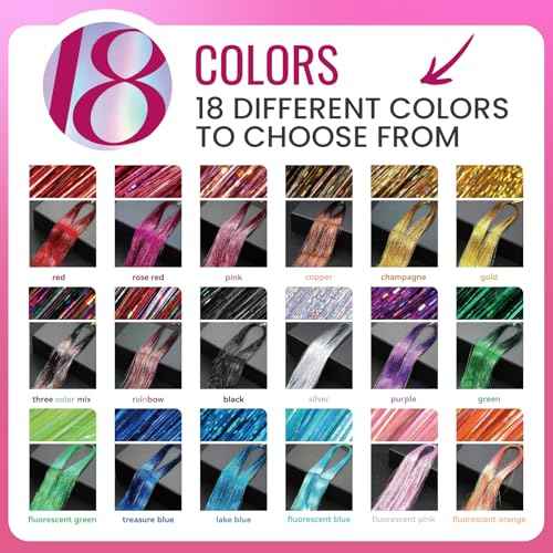NIACONN Glitter Hair Tinsel Extensions Kit 18 Colors with Tools and Beads, 48 Inch Sparkly Fairy Colorful Tensile Strands Shiny Hair Accessories for Women Girls Kids