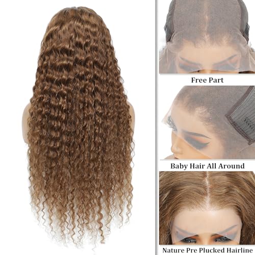 Chocolate Brown Deep Wave Lace Front Wigs Human Hair Wigs for Women 250 Density 13x6 Lace Frontal Wigs Human Hair Deep Curly HD Lace Front Wigs Pre Plucked with Baby Hair (22 Inch)