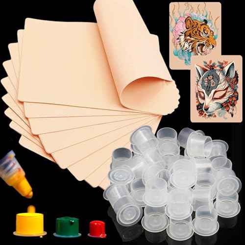 CINRA Tattoo Practice Skin with Mixed Ink Caps, 310PCS Tattoo Fake Skin and Tattoo Ink Cups Kit Including 10PCS Double Sided Skin and 300PCS Tattoo Ink Caps Cups for Tattoo Practice Tattoo Supplies