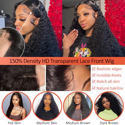 Kinky Curly Lace Front Wig Human Hair 13x4 Glueless Wigs Virgin Hair Pre Plucked with Baby Hair 18 Inch HD Deep Jerry Curly Wave Lace Frontal Wigs 150% Density Full and Thick