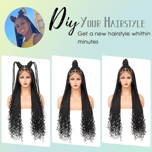 13x8 Inch HD Lace Front Box Knotless braided Wigs With Baby Hair Braided Wig For Women With Boho Curly Ends Black Premium Synthetic 36 Inch