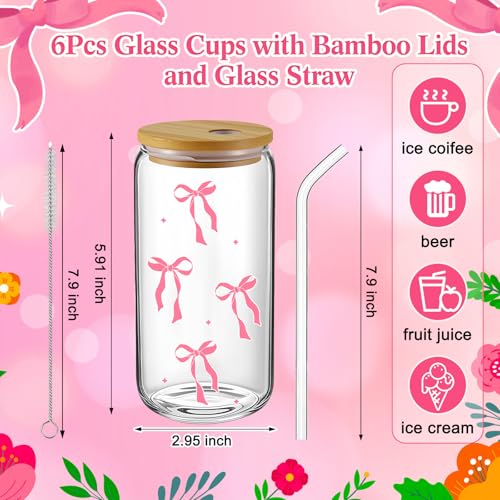 18 Pcs Pink Bow Glass Cups with Lids Coquette Bow Cosmetic Makeup Bag Pink Hair Scrunchies Ties for Women Birthday Wedding Gift Bridesmaid Bridal Valentines Christmas