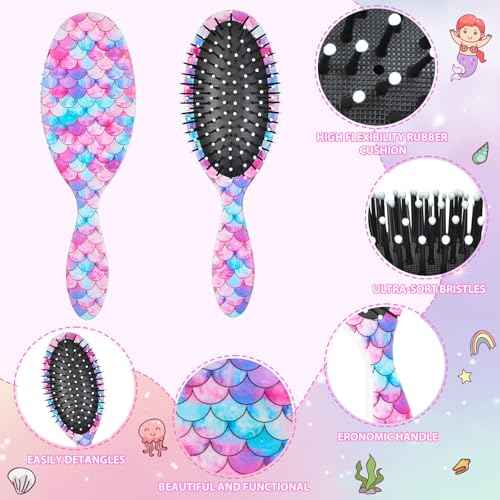 Girls Detangling Brush for Curly, Wet/Dry, and Thick Hair - Pain-Free Mermaid Tail Design for Kids and Women