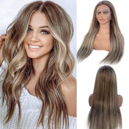 Smartinnov Ash Brown Highlight Lace Front Wig Human Hair Ombre Blonde 13x4 HD Transparent 16Inch 150% Density Ash Blonde Mixed Chestnut Brown Balayage Pre Plucked Brazilian Remy Hair Wigs for Women