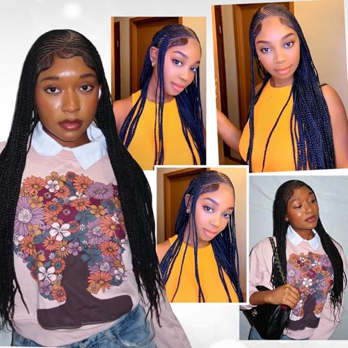 Braided Wigs for Black Women 13x8 HD Lace Front Cornrow Braids Wig Premium Synthetic Hair 30 Inch Full Lace Cornrow Box Braid Wig with Baby HairNatural Black