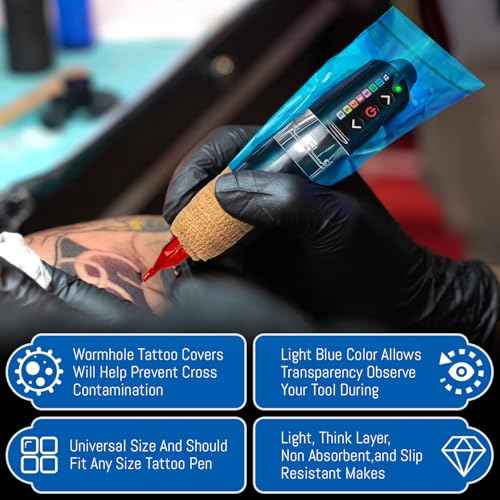 300Pcs Tattoo Machine bags, Tattoo Ppen Covers with 4 Pcs Bandage, 7.4 X 2.5inch, Halloween Disposable Cover Tattoo Machine Gun Bags Plastic Sleeve, Blue
