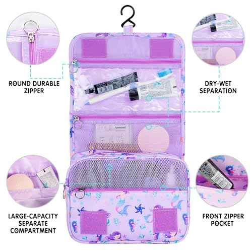 Kids Hanging Toiletry Bag for Girls, Travel Toiletry Bag for Little Young Girls Cosmetic Makeup Waterproof Wash Bag Toddler Traveling Toiletries, Mermaid Purple